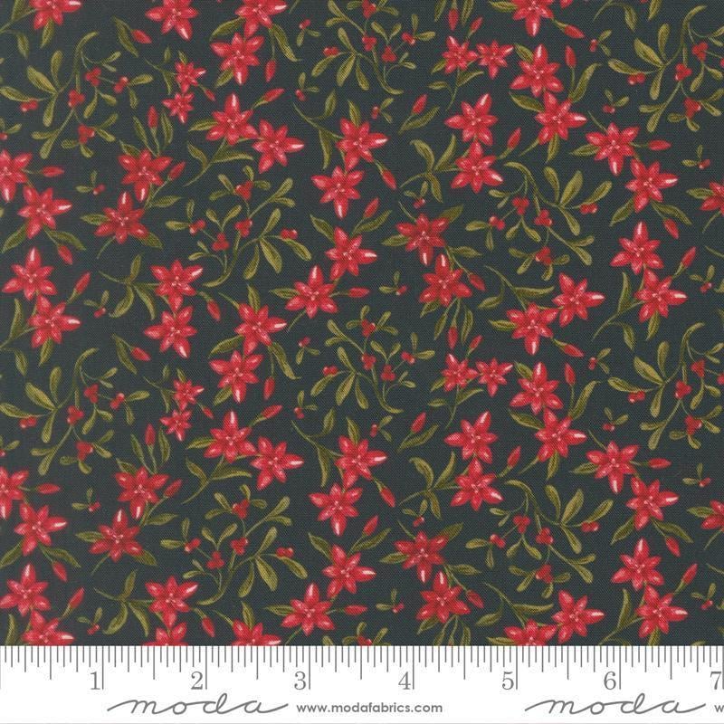 Image of Silent Night Star of Bethlehem Holy Night quilting cotton fabric by Watercolour Heart for Moda Fabrics. Features flowers on a black background. Cute Little Fabric Shop.