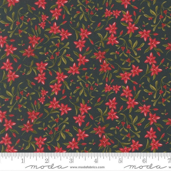 Image of Silent Night Star of Bethlehem Holy Night quilting cotton fabric by Watercolour Heart for Moda Fabrics. Features flowers on a black background. Cute Little Fabric Shop.