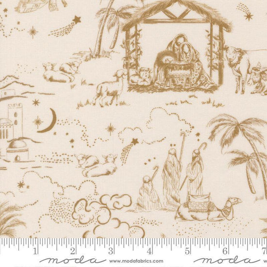 Image of Silent Night Guided by a Star Lamb quilting cotton fabric by Watercolour Heart for Moda Fabrics. Features nativity scenes on a cream background. Cute Little Fabric Shop.