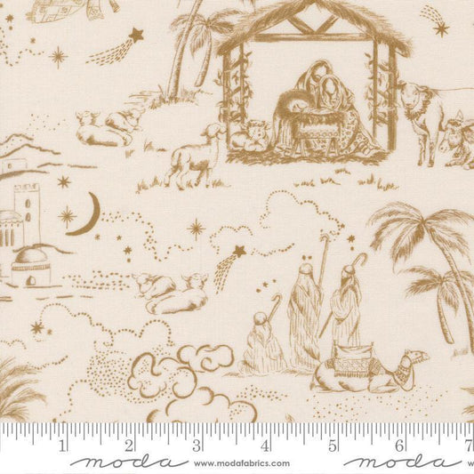 Image of Silent Night Guided by a Star Lamb quilting cotton fabric by Watercolour Heart for Moda Fabrics. Features nativity scenes on a cream background. Cute Little Fabric Shop.