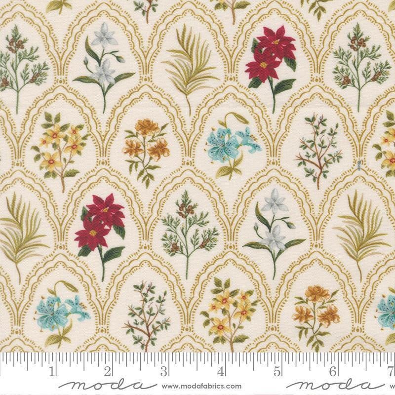 Image of Silent Night Come Bearing Blooms Lamb quilting cotton fabric by Watercolour Heart for Moda Fabrics. Features flowers on a cream background. Cute Little Fabric Shop.