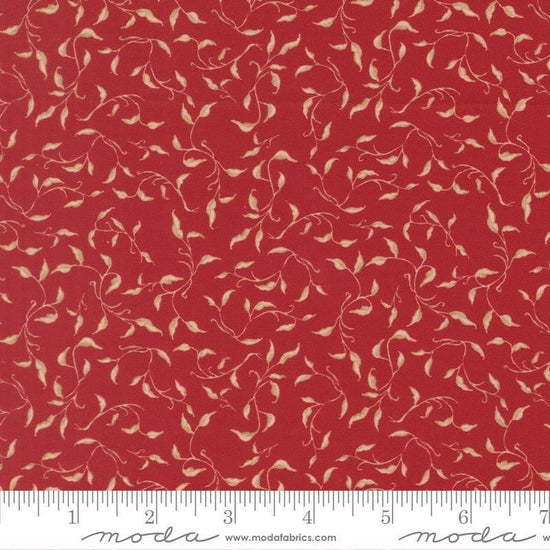Image of Silent Night Golden Vines Crimson quilting cotton fabric by Watercolour Heart for Moda Fabrics. Features leaves on a red background. Cute Little Fabric Shop.