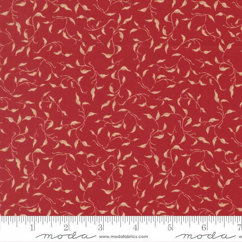Image of Silent Night Golden Vines Crimson quilting cotton fabric by Watercolour Heart for Moda Fabrics. Features leaves on a red background. Cute Little Fabric Shop.