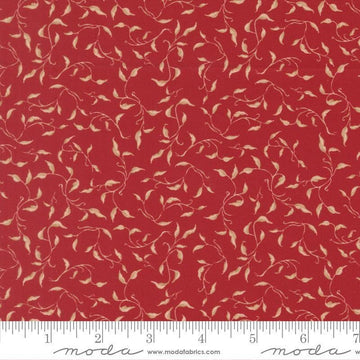 Image of Silent Night Golden Vines Crimson quilting cotton fabric by Watercolour Heart for Moda Fabrics. Features leaves on a red background. Cute Little Fabric Shop.