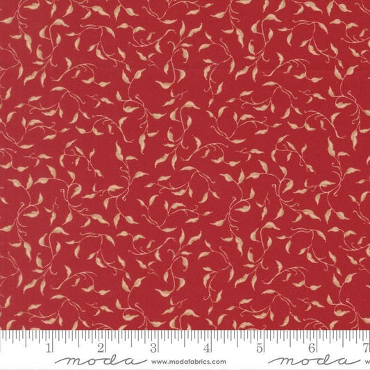 Image of Silent Night Golden Vines Crimson quilting cotton fabric by Watercolour Heart for Moda Fabrics. Features leaves on a red background. Cute Little Fabric Shop.