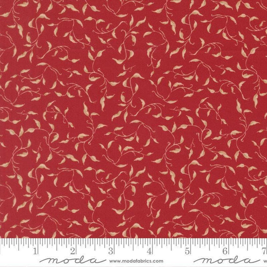 Image of Silent Night Golden Vines Crimson quilting cotton fabric by Watercolour Heart for Moda Fabrics. Features leaves on a red background. Cute Little Fabric Shop.