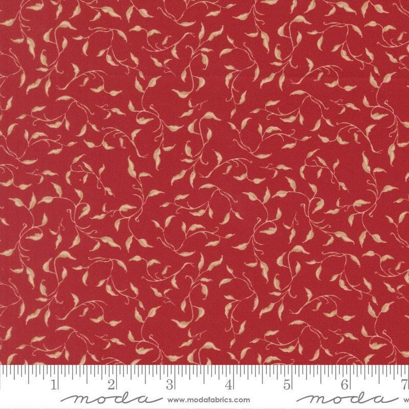 Image of Silent Night Golden Vines Crimson quilting cotton fabric by Watercolour Heart for Moda Fabrics. Features leaves on a red background. Cute Little Fabric Shop.