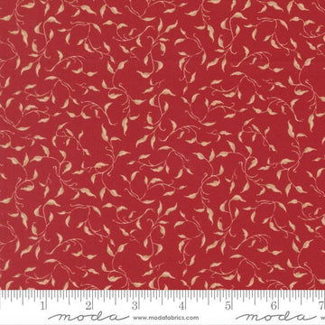 Image of Silent Night Golden Vines Crimson quilting cotton fabric by Watercolour Heart for Moda Fabrics. Features leaves on a red background. Cute Little Fabric Shop.