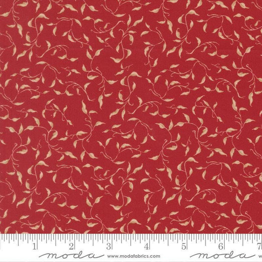 Image of Silent Night Golden Vines Crimson quilting cotton fabric by Watercolour Heart for Moda Fabrics. Features leaves on a red background. Cute Little Fabric Shop.