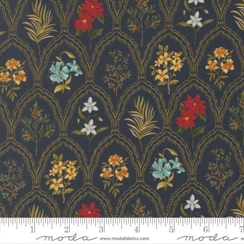 Image of Silent Night Come Bearing Blooms Holy Night quilting cotton fabric by Watercolour Heart for Moda Fabrics. Features flowers on a black background. Cute Little Fabric Shop.