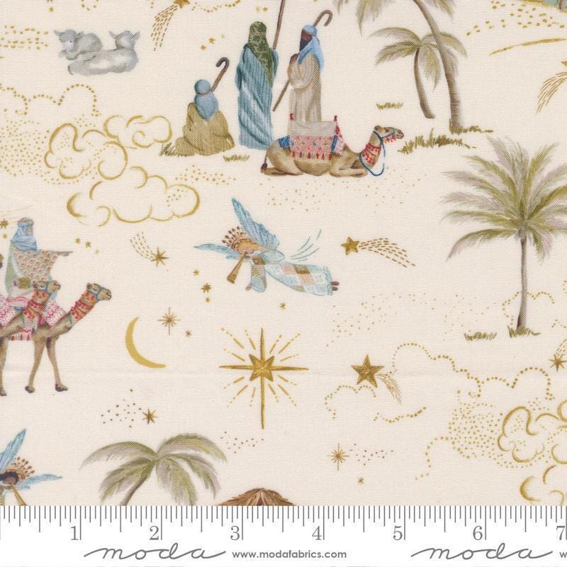 Image of Silent Night Landscape Lamb quilting cotton fabric by Watercolour Heart for Moda Fabrics. Features nativity scenes on a cream background. Cute Little Fabric Shop.