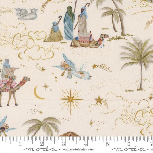 Image of Silent Night Landscape Lamb quilting cotton fabric by Watercolour Heart for Moda Fabrics. Features nativity scenes on a cream background. Cute Little Fabric Shop.