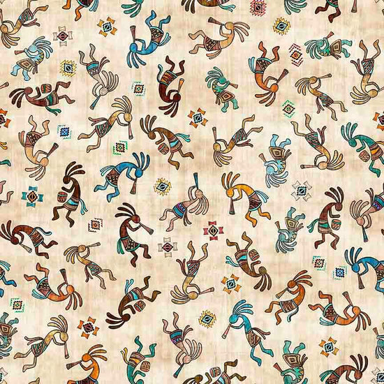 Image of Canyonlands Kokopelli Tan quilting cotton fabric by Morris Creative Group for QT Fabrics. Features Native American inspired characters on a cream background. Cute Little Fabric Shop.