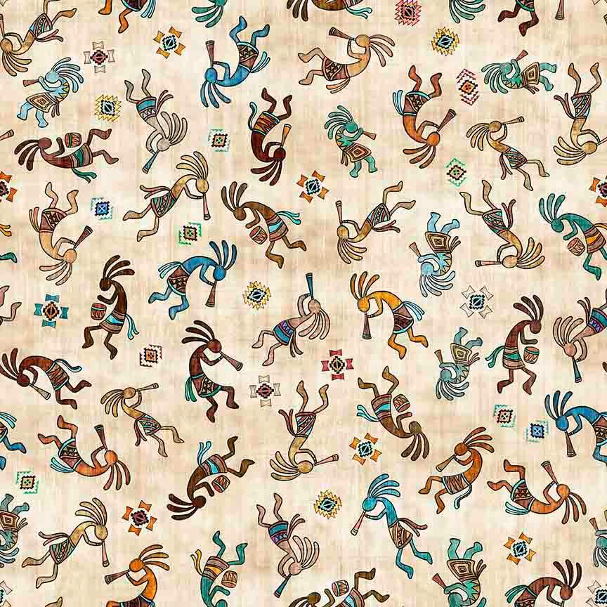 Image of Canyonlands Kokopelli Tan quilting cotton fabric by Morris Creative Group for QT Fabrics. Features Native American inspired characters on a cream background. Cute Little Fabric Shop.