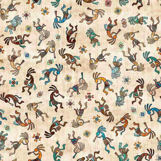 Image of Canyonlands Kokopelli Tan quilting cotton fabric by Morris Creative Group for QT Fabrics. Features Native American inspired characters on a cream background. Cute Little Fabric Shop.
