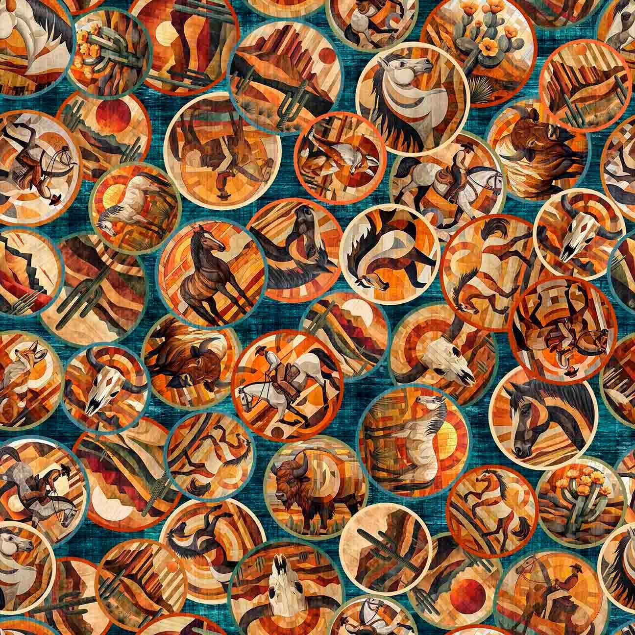 Image of Canyonlands Horse Medallions Teal quilting cotton fabric by Morris Creative Group for QT Fabrics. Features horses on a blue background. Cute Little Fabric Shop.