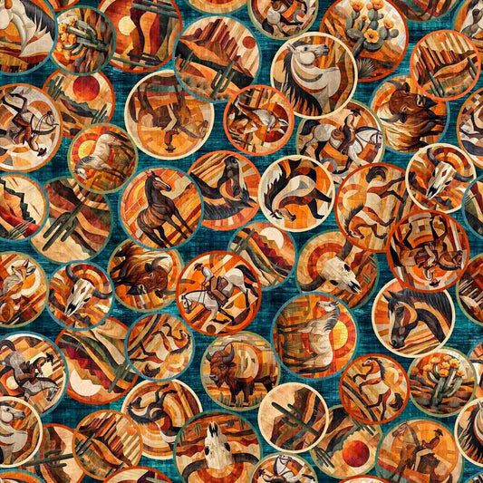 Image of Canyonlands Horse Medallions Teal quilting cotton fabric by Morris Creative Group for QT Fabrics. Features horses on a blue background. Cute Little Fabric Shop.