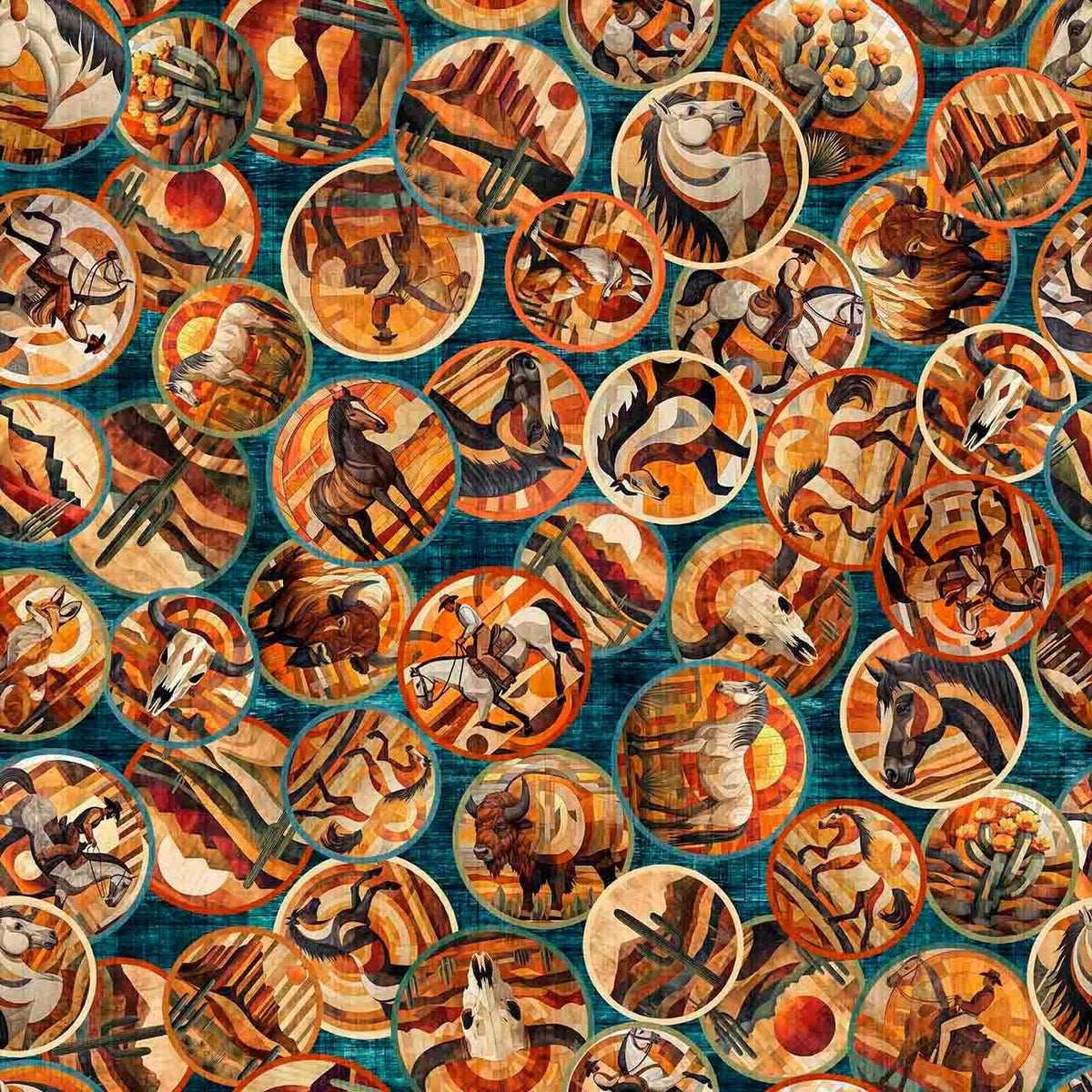 Image of Canyonlands Horse Medallions Teal quilting cotton fabric by Morris Creative Group for QT Fabrics. Features horses on a blue background. Cute Little Fabric Shop.