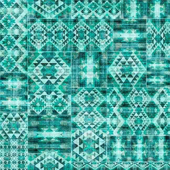 Image of Canyonlands Southwest Blanket Tonal Turquoise quilting cotton fabric by Morris Creative Group for QT Fabrics. Features a geometric pattern on a blue background. Cute Little Fabric Shop.