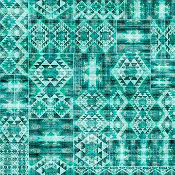 Image of Canyonlands Southwest Blanket Tonal Turquoise quilting cotton fabric by Morris Creative Group for QT Fabrics. Features a geometric pattern on a blue background. Cute Little Fabric Shop.