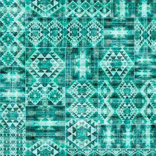 Image of Canyonlands Southwest Blanket Tonal Turquoise quilting cotton fabric by Morris Creative Group for QT Fabrics. Features a geometric pattern on a blue background. Cute Little Fabric Shop.