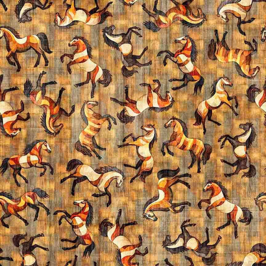 Image of Canyonlands Horses Brown quilting cotton fabric by Morris Creative Group for QT Fabrics. Features horses on a brown background. Cute Little Fabric Shop.