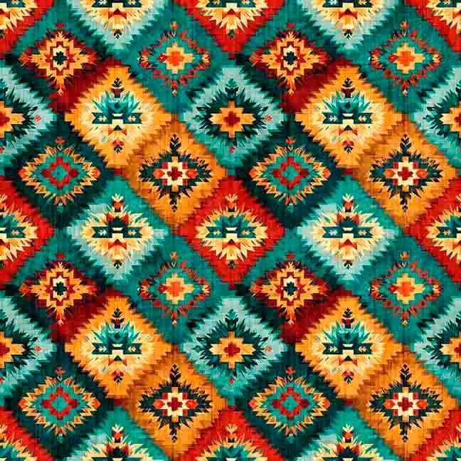 Image of Canyonlands Southwest Patch Multi quilting cotton fabric by Morris Creative Group for QT Fabrics. Features a geometric pattern on an orange and blue background. Cute Little Fabric Shop.
