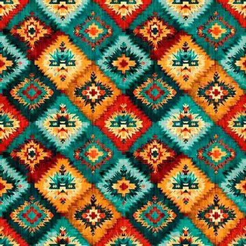 Image of Canyonlands Southwest Patch Multi quilting cotton fabric by Morris Creative Group for QT Fabrics. Features a geometric pattern on an orange and blue background. Cute Little Fabric Shop.