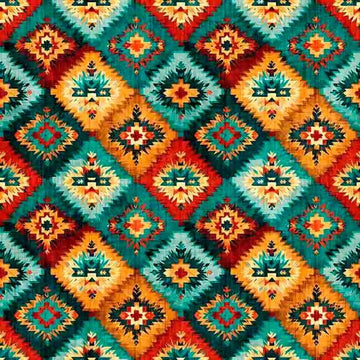Image of Canyonlands Southwest Patch Multi quilting cotton fabric by Morris Creative Group for QT Fabrics. Features a geometric pattern on an orange and blue background. Cute Little Fabric Shop.