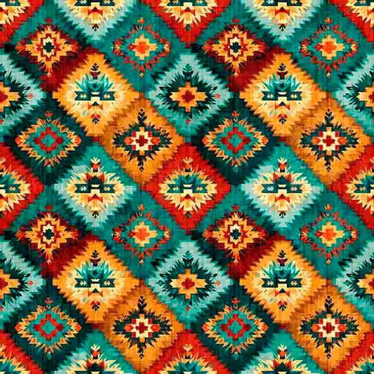 Image of Canyonlands Southwest Patch Multi quilting cotton fabric by Morris Creative Group for QT Fabrics. Features a geometric pattern on an orange and blue background. Cute Little Fabric Shop.