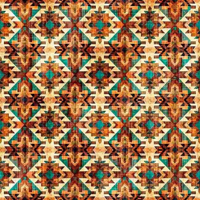 Image of Canyonlands Rustic Aztec Brown quilting cotton fabric by Morris Creative Group for QT Fabrics. Features a geometric pattern on a brown and blue background. Cute Little Fabric Shop.