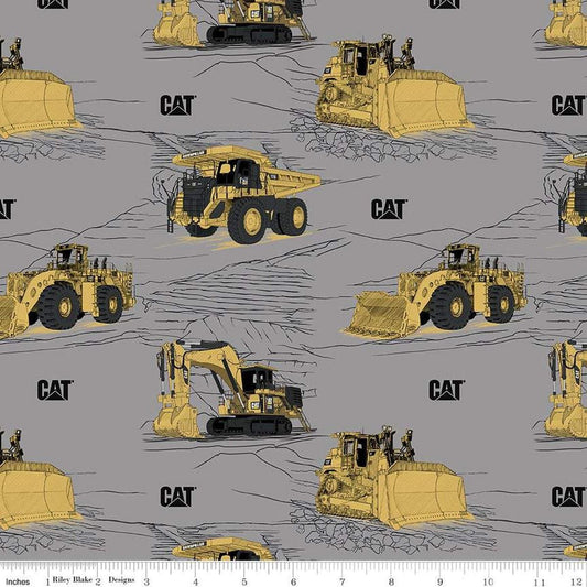 CAT Main Gray - Riley Blake - Construction Equipment Excavators Bulldozers Trucks - Quilting Cotton Fabric