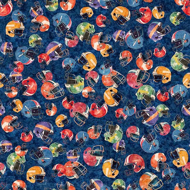 Image of Gridiron Gang Football Helmuts Navy quilting cotton fabric by Morris Creative Group for QT Fabrics. Features football gear on a blue background. Cute Little Fabric Shop.