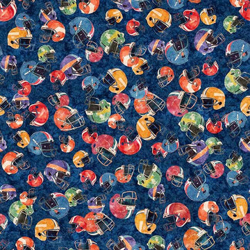 Image of Gridiron Gang Football Helmuts Navy quilting cotton fabric by Morris Creative Group for QT Fabrics. Features football gear on a blue background. Cute Little Fabric Shop.
