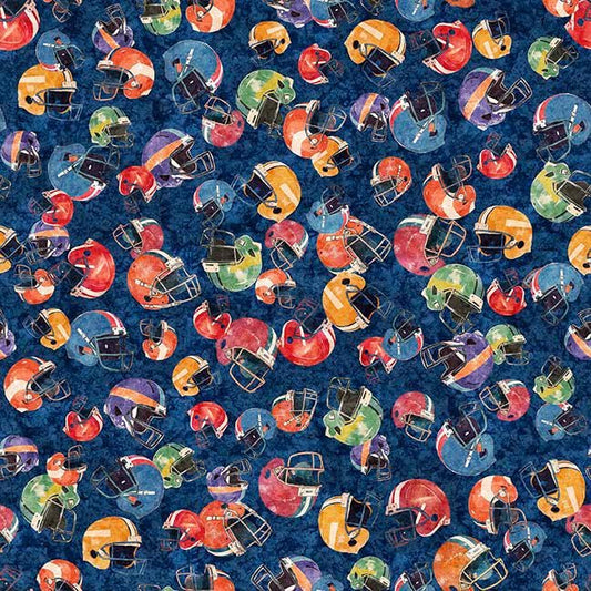 Image of Gridiron Gang Football Helmuts Navy quilting cotton fabric by Morris Creative Group for QT Fabrics. Features football gear on a blue background. Cute Little Fabric Shop.