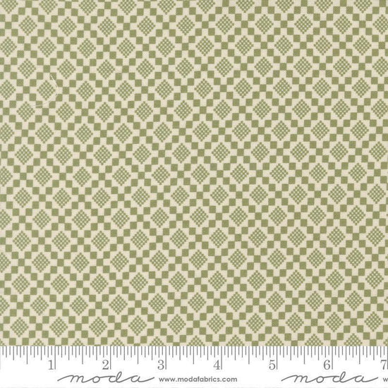 Image of True Love Checkmate Fern quilting cotton fabric by Lella Boutique for Moda Fabrics. Features a geometric pattern on a green background. Cute Little Fabric Shop.