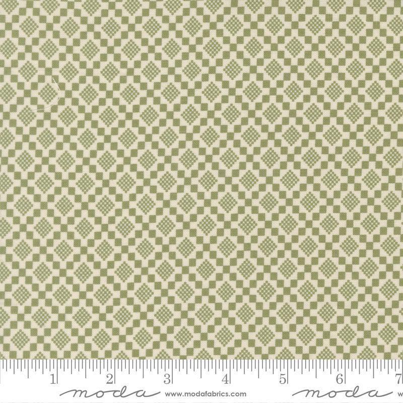 Image of True Love Checkmate Fern quilting cotton fabric by Lella Boutique for Moda Fabrics. Features a geometric pattern on a green background. Cute Little Fabric Shop.