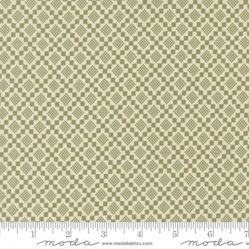 Image of True Love Checkmate Fern quilting cotton fabric by Lella Boutique for Moda Fabrics. Features a geometric pattern on a green background. Cute Little Fabric Shop.