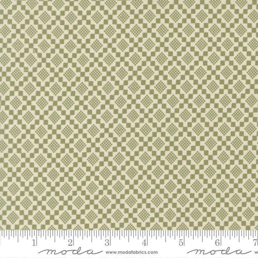 Image of True Love Checkmate Fern quilting cotton fabric by Lella Boutique for Moda Fabrics. Features a geometric pattern on a green background. Cute Little Fabric Shop.