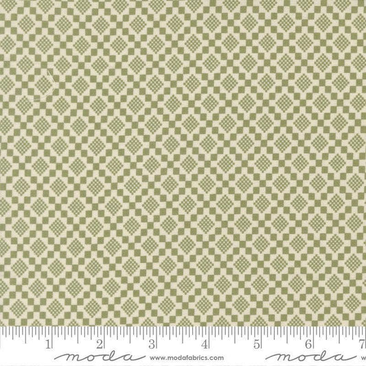 Image of True Love Checkmate Fern quilting cotton fabric by Lella Boutique for Moda Fabrics. Features a geometric pattern on a green background. Cute Little Fabric Shop.