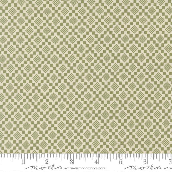 Image of True Love Checkmate Fern quilting cotton fabric by Lella Boutique for Moda Fabrics. Features a geometric pattern on a green background. Cute Little Fabric Shop.