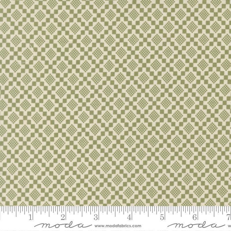 Image of True Love Checkmate Fern quilting cotton fabric by Lella Boutique for Moda Fabrics. Features a geometric pattern on a green background. Cute Little Fabric Shop.
