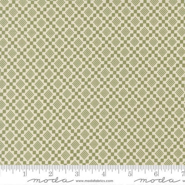Image of True Love Checkmate Fern quilting cotton fabric by Lella Boutique for Moda Fabrics. Features a geometric pattern on a green background. Cute Little Fabric Shop.