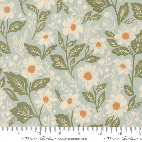 Image of True Love Romance Blooms Robins Egg quilting cotton fabric by Lella Boutique for Moda Fabrics. Features flowers on a blue background. Cute Little Fabric Shop.