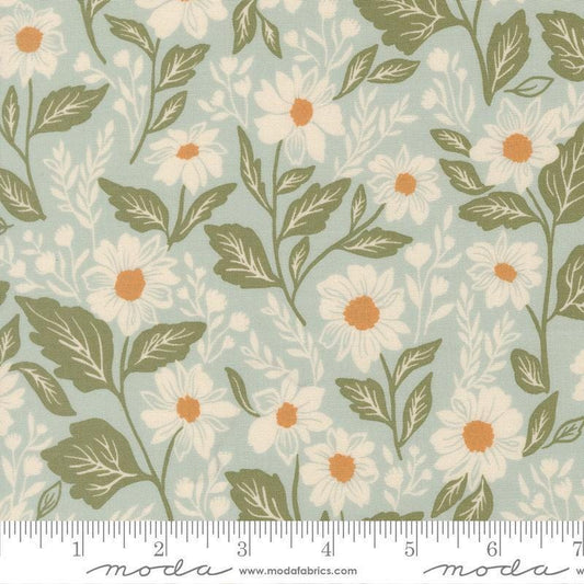Image of True Love Romance Blooms Robins Egg quilting cotton fabric by Lella Boutique for Moda Fabrics. Features flowers on a blue background. Cute Little Fabric Shop.