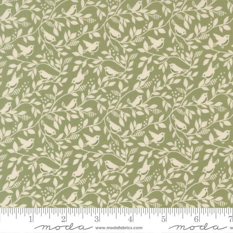 Image of True Love Birds of a Feather Fern quilting cotton fabric by Lella Boutique for Moda Fabrics. Features leaves and bird on a green background. Cute Little Fabric Shop.