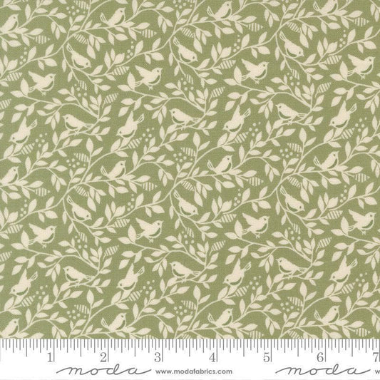 Image of True Love Birds of a Feather Fern quilting cotton fabric by Lella Boutique for Moda Fabrics. Features leaves and bird on a green background. Cute Little Fabric Shop.