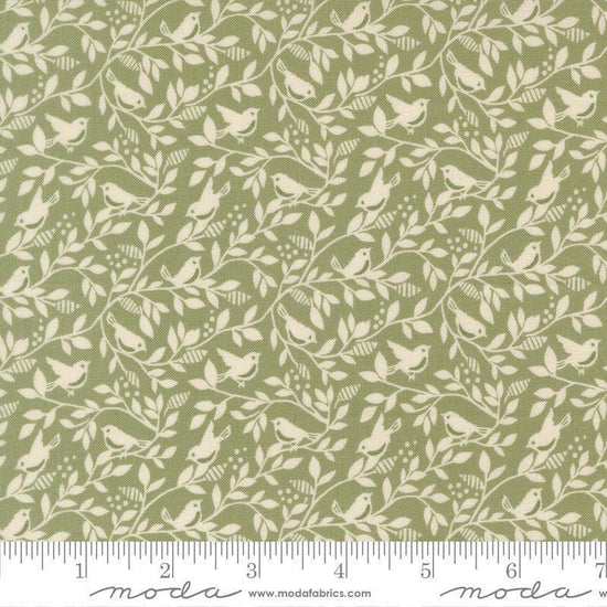 Image of True Love Birds of a Feather Fern quilting cotton fabric by Lella Boutique for Moda Fabrics. Features leaves and bird on a green background. Cute Little Fabric Shop.