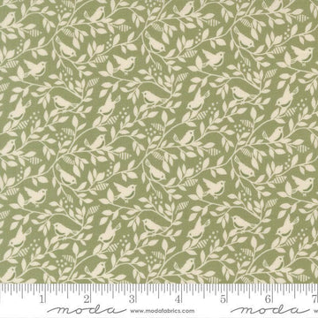 Image of True Love Birds of a Feather Fern quilting cotton fabric by Lella Boutique for Moda Fabrics. Features leaves and bird on a green background. Cute Little Fabric Shop.