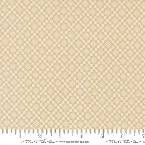 Image of True Love Checkmate Oatmeal quilting cotton fabric by Lella Boutique for Moda Fabrics. Features a geometric pattern on a beige background. Cute Little Fabric Shop.